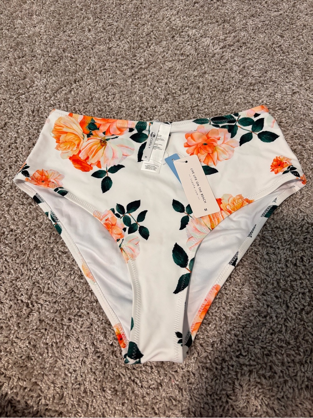 Cupshe White High-Waist Bikini Bottoms with Orange Rose Print